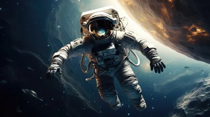 Foto op Canvas Space man astronaut flying in galaxy space wallpaper background © Irina