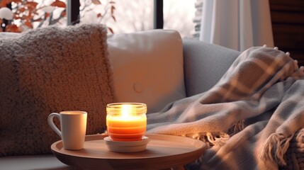 Fototapeta na wymiar Cozy evening room interior with candle decoration winter wallpaper background