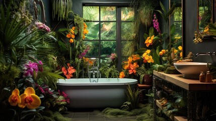Fototapeta na wymiar Spa luxury bathroom hotel room with jungle tropical floral wallpaper background 