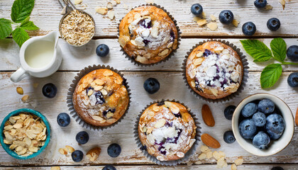 freshly baked blueberry muffins with almond oats and icing sugar topping on a rustic white wooden table with berries brown sugar top view