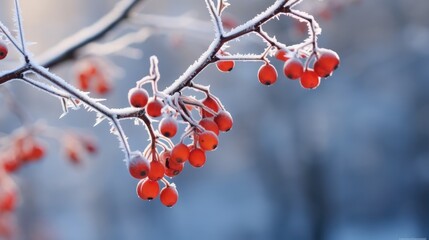 Winter snow day and frozen tree branch with berry wallpaper background