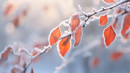 Winter snow day and frozen tree branch with berry wallpaper background