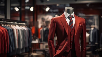 Man casual expensive jacket suit mannequin in luxury store wallpaper background - obrazy, fototapety, plakaty