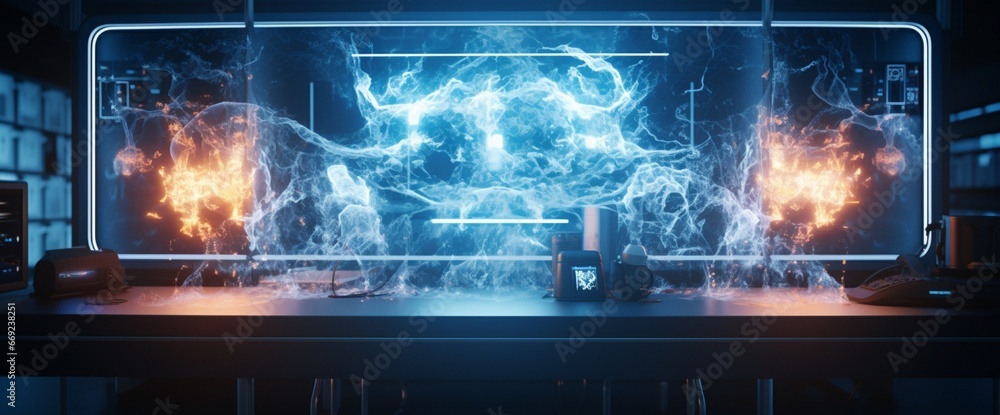 Poster liquid crystal displays showcasing quantum physics simulations within an experimental lab.