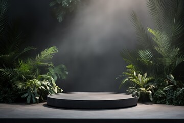 Round podium with tropical plants on the edges