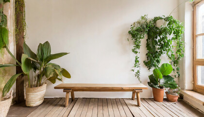 boho white and beige interior with a wooden bench near the empty wall and green houseplants modern minimalist entryway in the house background for mockups