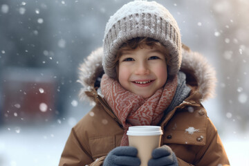 boy with cup of hot chocolate in the snow
