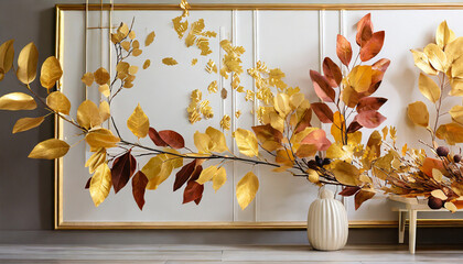luxury interior wall art fall branches with colorful and gold leaves