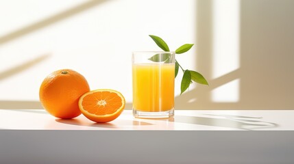 An orange next to a glass of orange juice.