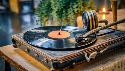 vintage black vinyl record on an old gromaphone created with the help of artificial intelligence