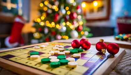 a close up of a board game with a christmas tree in the background generative ai