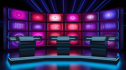 Neon-Lit TV Game Show Studio with Futuristic Design - obrazy, fototapety, plakaty