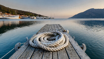 laid back rope on the dock awaiting its maritime purpose - obrazy, fototapety, plakaty
