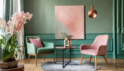 modern mid century interior with blush pink and sage green wall art in textured abstract style cozy furniture green chair and table generative ai