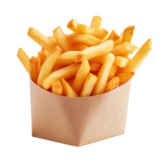 French fries in paper cup isolated on transparent background, tasty fried gold potato chips for menu in carton bag fry box package wrapper, takeaway meal, fast food, junk food, side dish, snack - obrazy, fototapety, plakaty