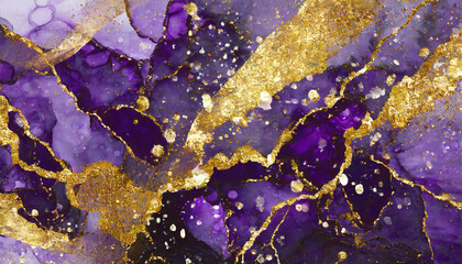 luxury purple and gold stone marble texture alcohol ink technique abstract background modern paint with glitter template for banner poster design fluid art painting