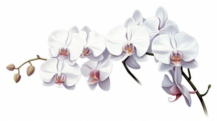 A painting of white orchids on a white background. Orchid flowers.