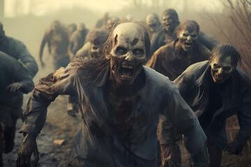 group of zombies running in a forest at foggy autumn day. Neural network generated image. Not based on any actual person, scene or pattern.