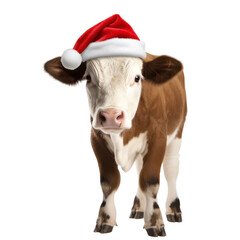 Naklejka premium A cow wearing christmas hat. Christmas greeting card with cow. PNG. cut out