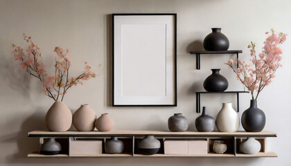 a wall with minimalistic shelves and a collection of beautiful vases on them empty vertical frame for wall art mockup interior in modern japandi style - obrazy, fototapety, plakaty