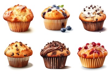 A bunch of cupcakes with different toppings. Clipart on white background.