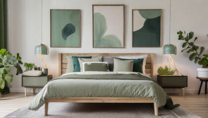 contemporary bedroom interior wooden double bed with sage green pillows minimalist furniture and abstract wall art set of 3 prints on a white wall