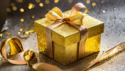 golden glittering gift box with ribbons