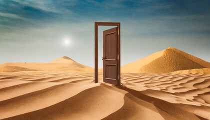opened door on desert unknown and start up concept this is a 3d illustration