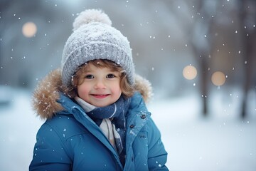 Cute child with happy face wearing a warm hat and warm jacket surrounded with snowflakes. Winter holidays concept