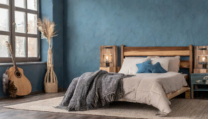bedroom interior with blank textured blue wall wooden vintage furniture cozy plaid country house in rustic style