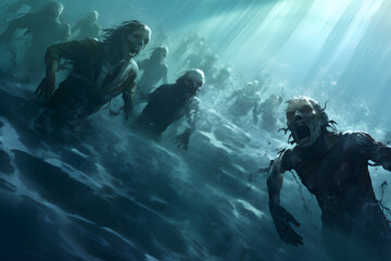 Group of zombies underwater. Neural network generated image. Not based on any actual person or scene.