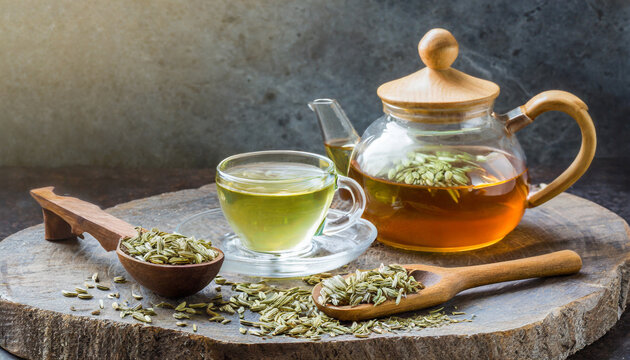 herbal infusion fennel tea in glass cup and glass tea pot with dried fennel seeds in wooden shovel herbal tea alternative medicine background concept