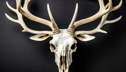 decorative deer skull looking forward with antlers on a black background created using artificial intelligence - obrazy, fototapety, plakaty