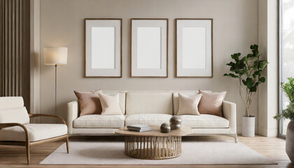 three empty vertical picture frames in a modern living room with white sofa and beige pillows wall art mockup - obrazy, fototapety, plakaty