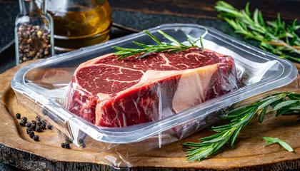 Foto op Plexiglas fresh raw beef ribeye steak sealed in a vacuum pack preserving its quality and freshness © Alicia