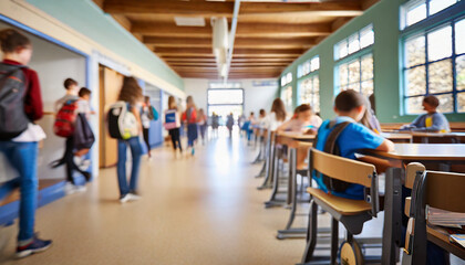 Fototapeta na wymiar busy high school corridor during recess with blurred