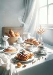 Sunny breakfast with fresh croissants and coffee