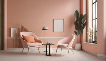 modern cozy living room with monochrome blush pink and peach wall contemporary interior design with pastel wall color armchair geometric table generative ai