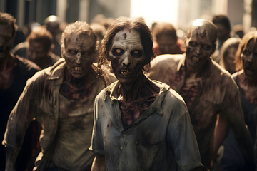 Naklejka premium group of zombie walking slow at the city street at sunny day. Neural network generated image. Not based on any actual person, scene or pattern.