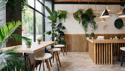 modern empty coffee shop trendy interior design with wood and greenery - obrazy, fototapety, plakaty