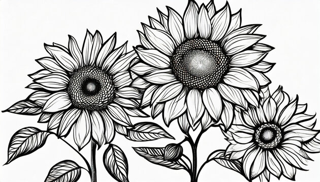 black outline sunflower line art isolated on white background hand drawing botanical vector illustration
