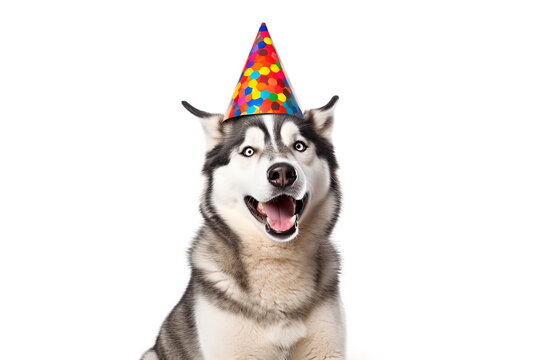 AI generated image of funny husky in a birthday polka dot cap isolated on white background.