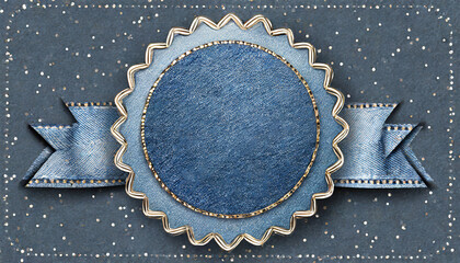 blue round denim badge with ribbon and sequin border