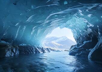 Icy Blue Cave with Mountain View