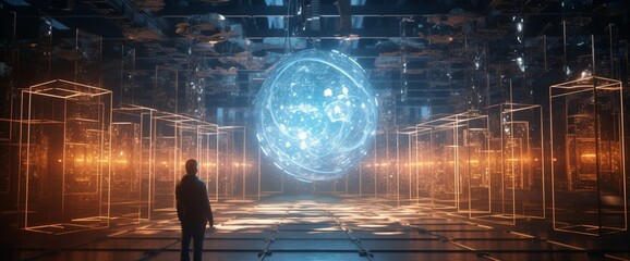 Quantum computers housed in a laboratory exuding an ethereal aura.