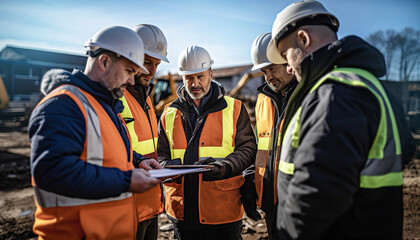 Construction manager talks to his team, discussing progress and plan at construction site - obrazy, fototapety, plakaty