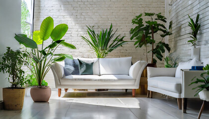 white sofa and plants in flower pot in living room - obrazy, fototapety, plakaty