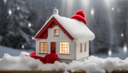house in winter heating system concept and cold snowy weather with model of a house wearing a knitted cap