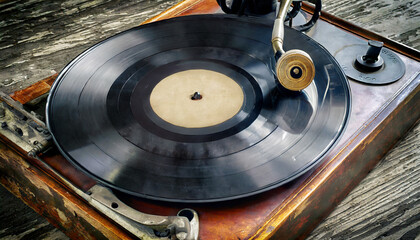 vintage black vinyl record on an old gromaphone created with the help of artificial intelligence