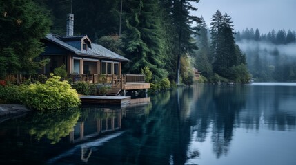 Fototapeta na wymiar A tranquil lakeside retreat with cool shades of misty blue reflecting off the calm water, surrounded by lush evergreen foliage
